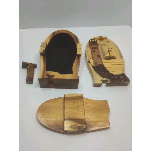 Polished Exotic Hardwood Wood Lighthouse Puzzle Trinket Box 7" Carver Dan - Picture 13 of 16